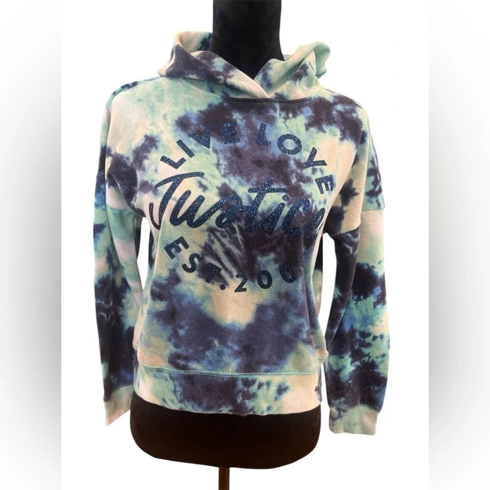 5 FOR $20 Justice Blue Tie Dye Glitter Hoodie Sweatshirt Big Girls Kids Sz Large